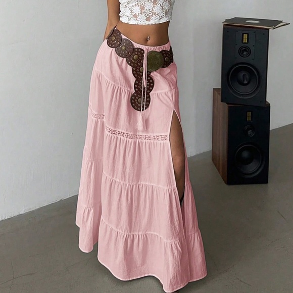 Boho Stretchy Waist lace Insert Split Thigh Maxi Skirt - Picture 2 of 8